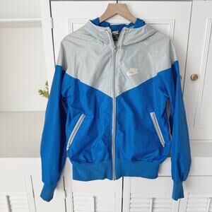 Vintage Nike 80s Blue Silver Colorblock Hooded Windbreaker Track Jacket Size S